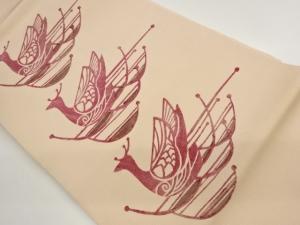 作家物　型染抽象鳥模様名古屋帯